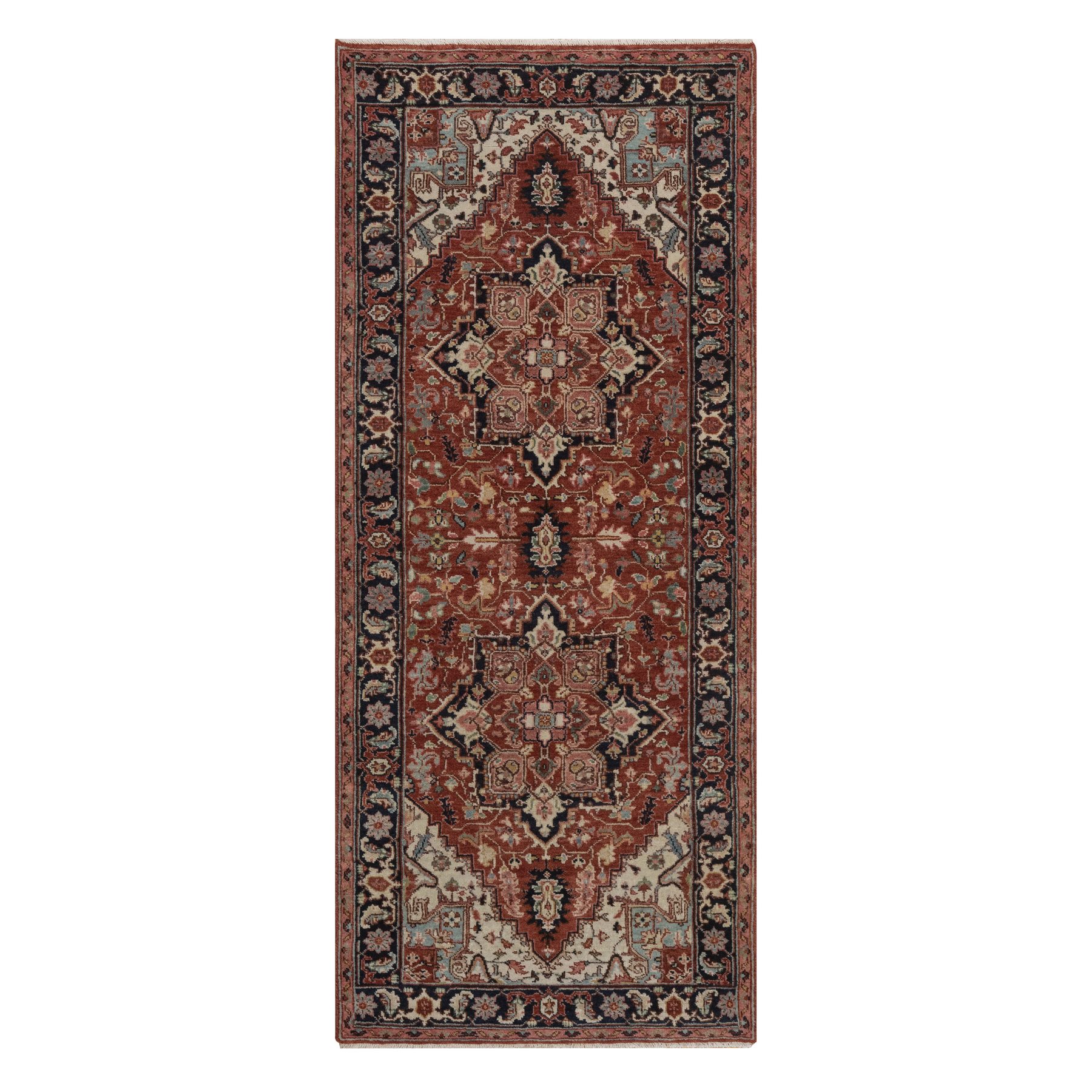 2'7"x6'3" Auburn Red, Antiqued Fine Heriz Re-Creation, Medallions Design, Hand Knotted, Hand Spun New Zealand Wool, Denser Weave, Vegetable Dyes, Runner, Oriental Rug 